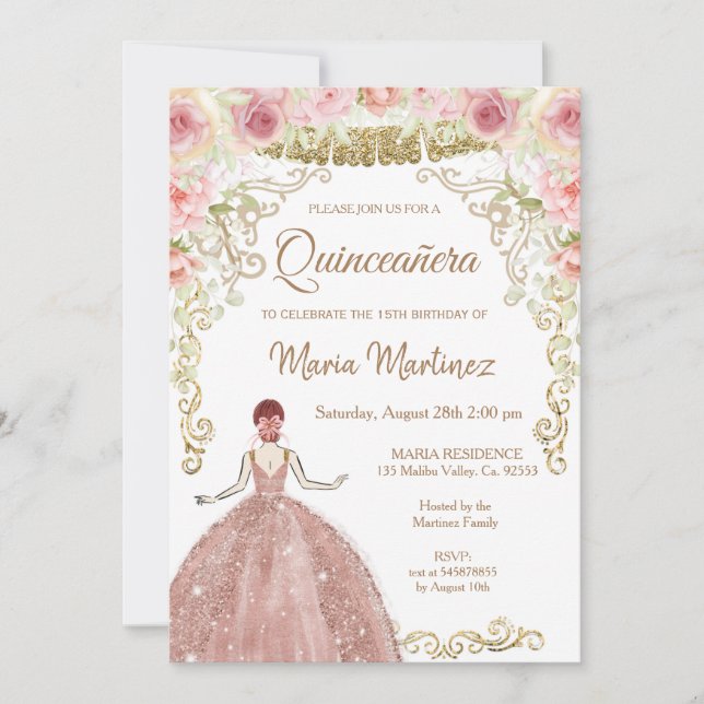 Rose Gold Blume und Gold Glitzer Quinceanera  Einladung (Vorderseite)