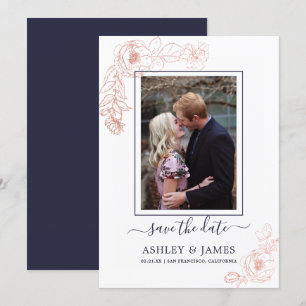 Rose Gold Blumen Navy Foto Hochzeit Termin merken Einladung