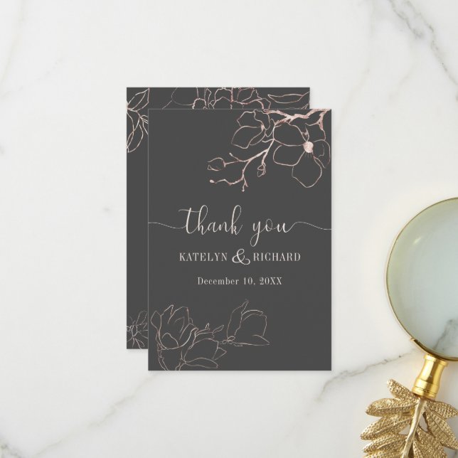 Rose Gold blumengeschmückte Silhouette Hochzeit Da Dankeskarte (Vorderseite/Rückseite Beispiel)