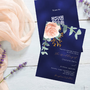 Rose Gold Blumenmarineblau QR Code UAWG Hochzeit Einladung