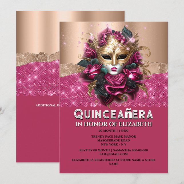 Rose Gold Blumenmasquerade Quinceañera Geburtstag Einladung (Vorne/Hinten)