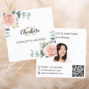 Rose Gold blumenmonogramm Foto Qr Quadratische Visitenkarte