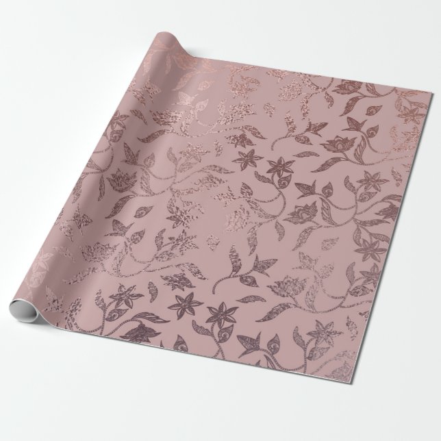 Rose Gold Blumenmuster auf Rosa Rosa Geschenkpapier (Ungerollt)