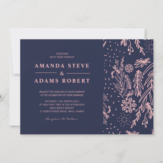 Rose Gold Blumenmuster Navy Blue Stilvolle Hochzei Einladung (Vorderseite)
