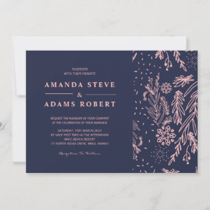 Rose Gold Blumenmuster Navy Blue Stilvolle Hochzei Einladung