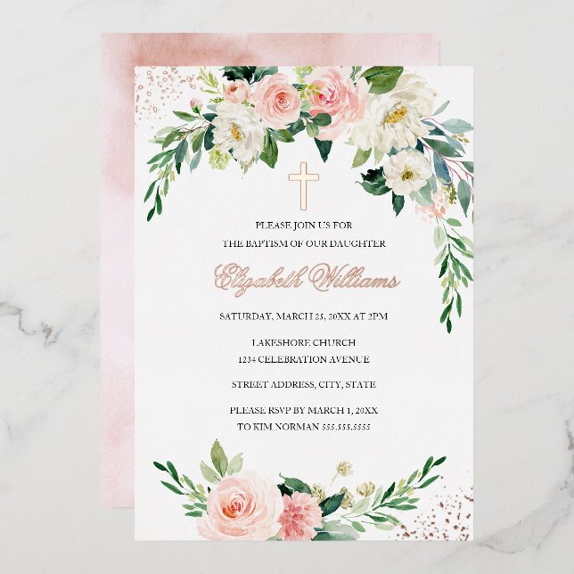 Rose Gold Blumenreath Cross Girl Taufe Folieneinladung (Vorderseite/Rückseite)