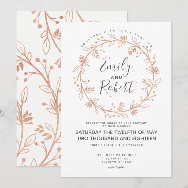 Rose Gold Blumenreath Moderne Hochzeitseinladung Einladung (Vorne/Hinten)