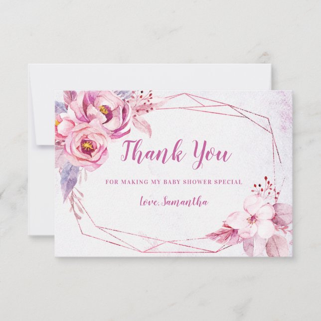 Rose Gold Blumenrosa Lila geometrische Babydusche Dankeskarte (Vorderseite)