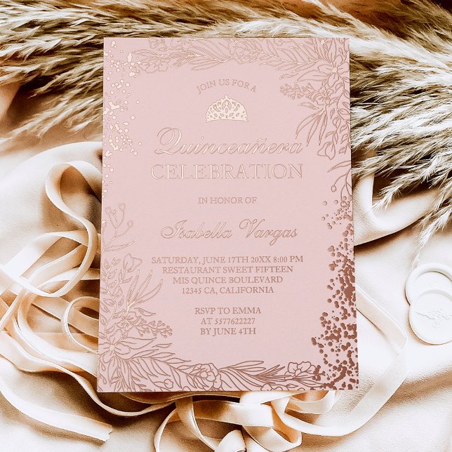 Rose Gold Blumenrot Rosa Tiara Chic Quinceanera Folieneinladung (Von Creator hochgeladen)