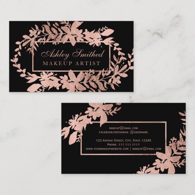 Rose gold Blumenschwarze Typografie Visitenkarte (Vorne/Hinten)