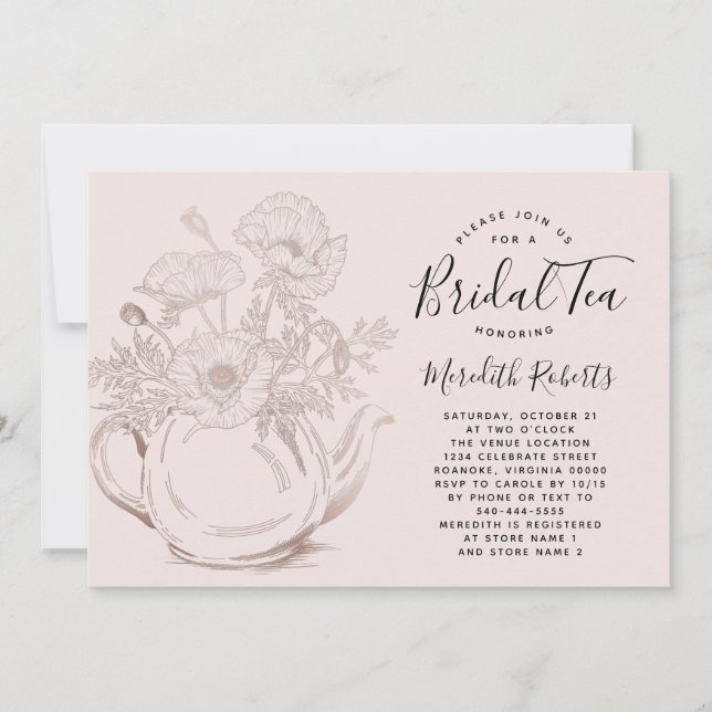 Rose Gold Blumenstrauß Teekessel Rosa Bridal Tee Einladung (Vorderseite)