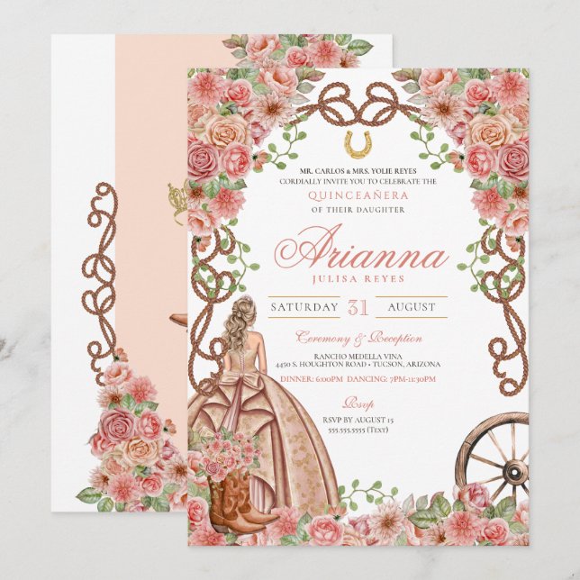 Rose Gold Blumenstrauß Western Elegante Quinceñera Einladung (Vorne/Hinten)