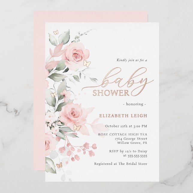 Rose Gold Blush Bloral Butterfly Babydusche Folieneinladung (Vorderseite/Rückseite)