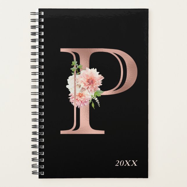 Rose Gold Blush Bloral Jährliches Monogramm Letter Planer (Vorderseite)