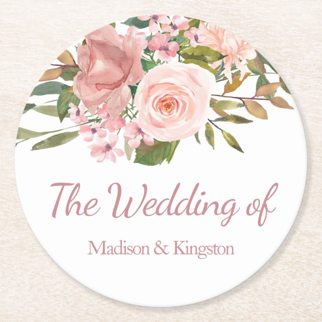 Rose Gold & Blush Blues Hochzeit Runder Pappuntersetzer (Vorderseite)