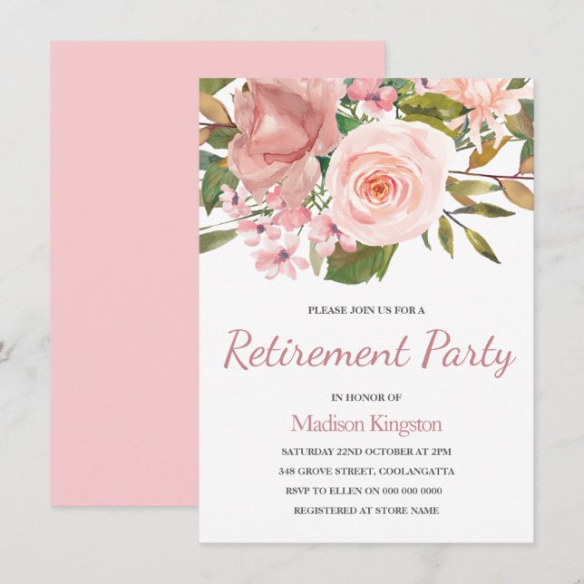 Rose Gold & Blush Blume Altersvorsorge Party Einla Einladung (Vorne/Hinten)