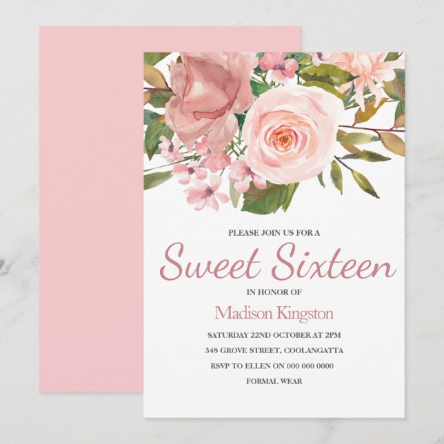 Rose Gold & Blush Blume Sweet 16 Einladung (Vorne/Hinten)
