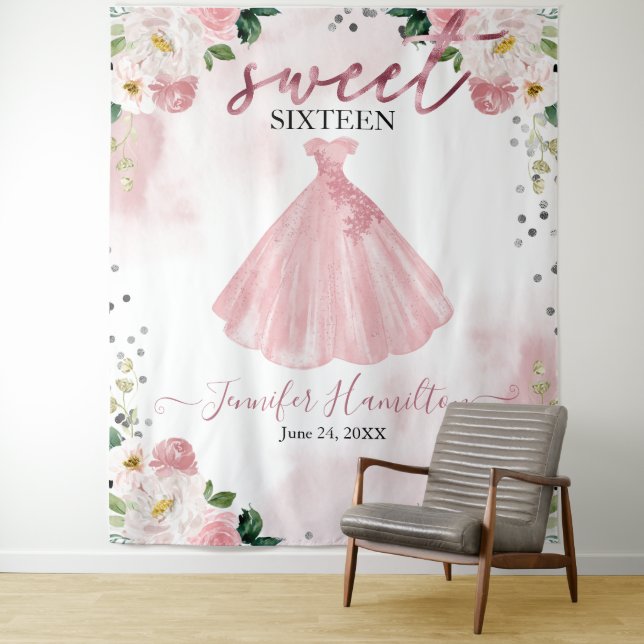 Rose Gold Blush Blumenkleid Sweet 16 Hintergrund Wandteppich (Beispiel)