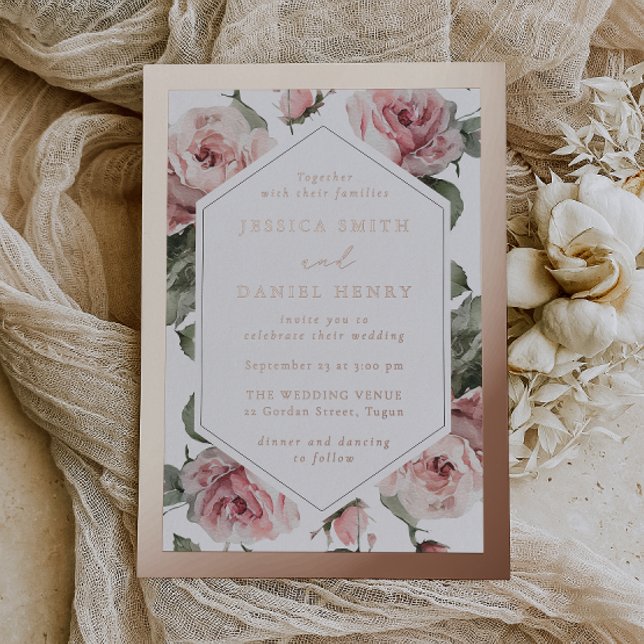 Rose Gold Blush Blumenrahmen Hochzeit Folieneinladung (Von Creator hochgeladen)