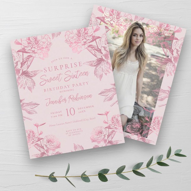 Rose Gold Blush Blumenstrauß Sweet 16 Einladung (Rose Gold Blush Floral SURPRISE Sweet 16 Invite)