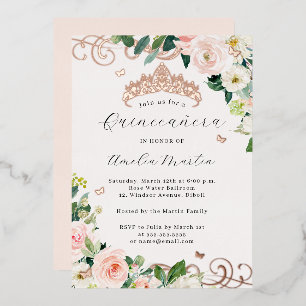 Rose Gold Blush Blumenwirbel Quinceanera Folieneinladung