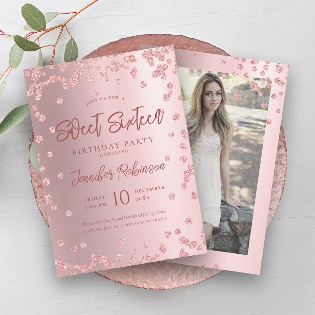 Rose Gold Blush Chic Glitzer Foto Sweet 16 Einladung (Rose Gold Blush Chic Glitter Photo Sweet 16 Invitation)