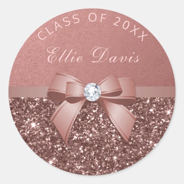 Rose Gold Blush Diamonds Bow Glitzer Abschluss Runder Aufkleber (Vorderseite)