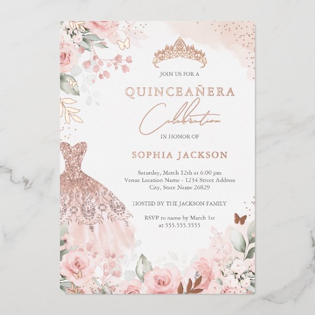 Rose Gold Blush Dress Floral Quinceanera Folieneinladung (Vorderseite)