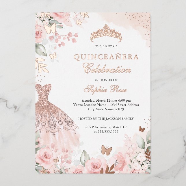Rose Gold Blush Dress Floral Quinceanera Folieneinladung (Vorderseite)