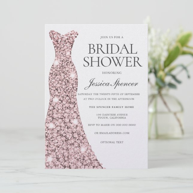 Rose Gold Blush Dress Pearl Shimmer Brautparty Einladung (Stehend Vorderseite)