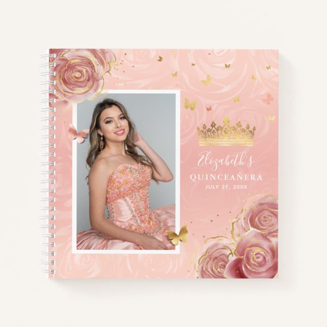 Rose Gold Blush Elegantes Foto Quinceanera Gast Notizbuch (Vorderseite)