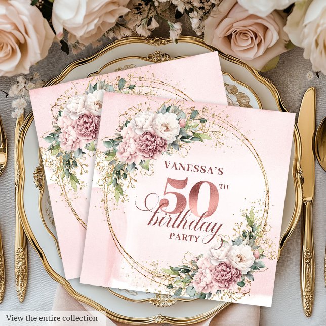 Rose Gold Blush Floral 50th Birthday Party Napkins Serviette (Rose gold floral 50th birthday,
dusty pink blush gold glitter,
opulent Soft pastel   pink flowers, 
)