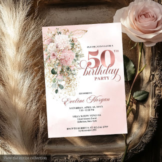 Rose Gold Blush Floral Watercolor 50th Birthday Einladung