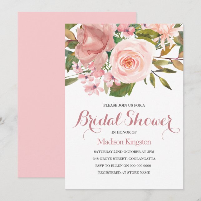 Rose Gold & Blush Flowers Invitation Fête des mari (Devant / Derrière)