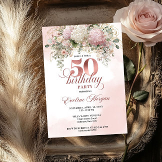 Rose Gold Blush Garden Floral 50th Birthday Invite Einladung