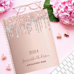 Rose gold blush glitter drips silver 2024 planer<br><div class="desc">An elegant rose gold, pink and faux silver glitter drips, paint dripping look. Template for a year.. Personalize and add a name and a title. The name is written in dark rose gold with a modern hand lettered style script. Perfect for business, school, diary, work or organizing your personal/family life....</div>