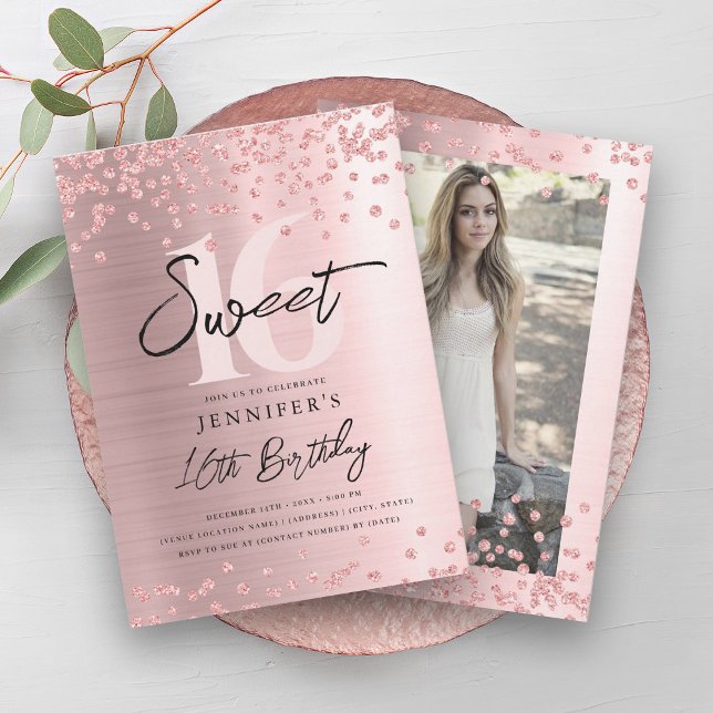 Rose Gold Blush Glitzer Foto Sweet 16 Party Einladung (Rose Gold Blush Glitter Photo Sweet 16 Party Invitation)