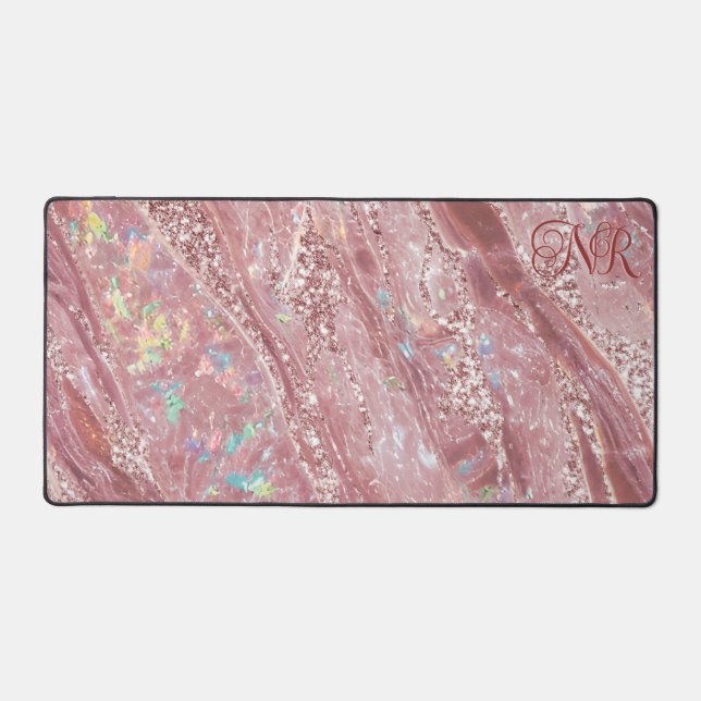 Rose Gold & Blush Glitzer Holographic Opal Marmor Schreibtischunterlage (Vorderseite)