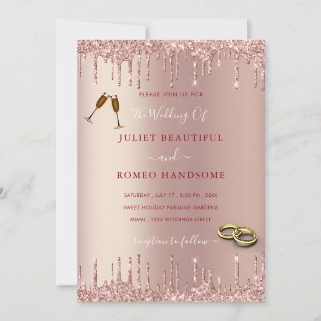 Rose Gold Blush Glitzer Luxus Hochzeit Einladung (Vorderseite)