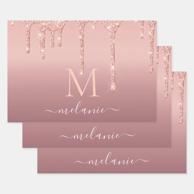 Rose Gold Blush Glitzer Namensschild Geschenk Geschenkpapier Set (Set)
