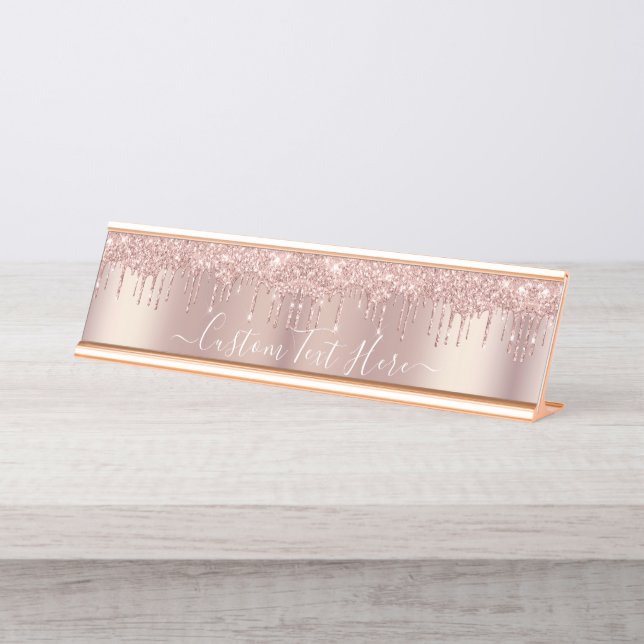 Rose Gold Blush Glitzer Sparkeln Tropfen Benutzerd Schreibtischnamensplakette (Vorderseite )