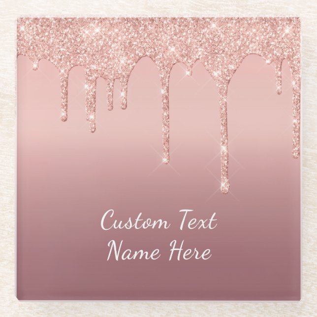 Rose Gold Blush Glitzer Sparkle Tropfen Texthochze Glasuntersetzer (Vorderseite)