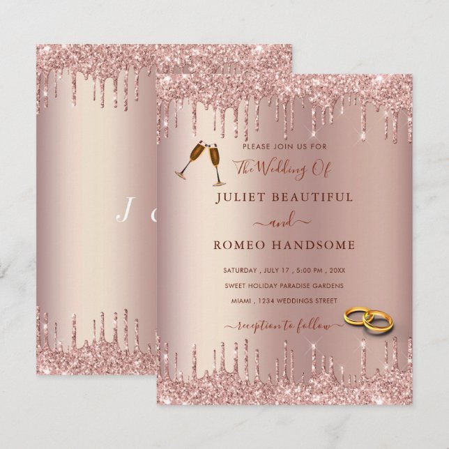 Rose Gold Blush Glitzer Tropfen Hochzeit Einladung (Vorne/Hinten)