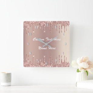 Rose Gold Blush Glitzer Tropfen Ihre Textmauer-Uhr Quadratische Wanduhr