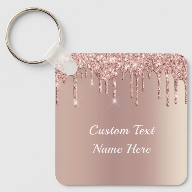 Rose Gold Blush Glitzer Tropfen Textname Schlüssel Schlüsselanhänger (Vorderseite)