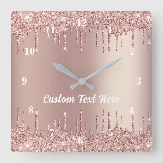 Rose Gold Blush Glitzer Tropfen Textnamensklammer Quadratische Wanduhr (Vorderseite)