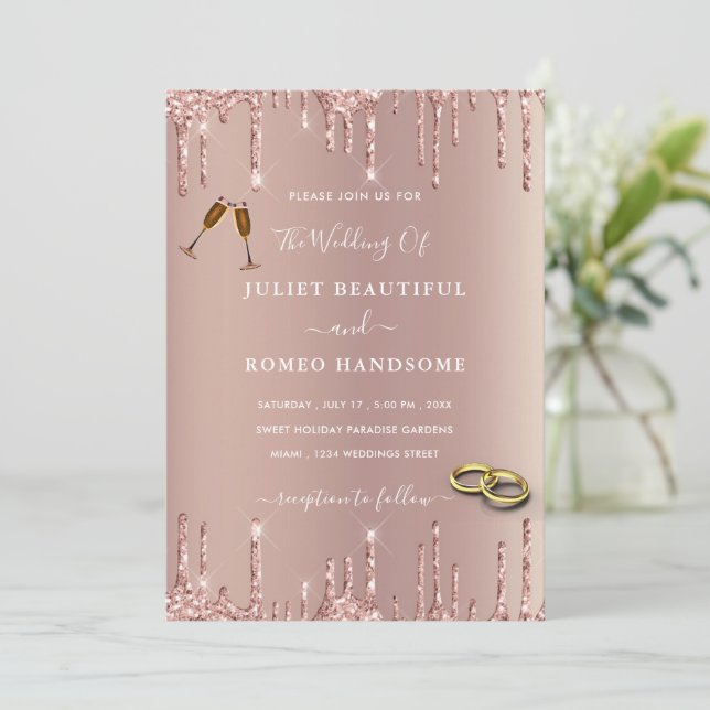 Rose Gold Blush Hochzeit Einladung Sparkle Tropfen (Stehend Vorderseite)