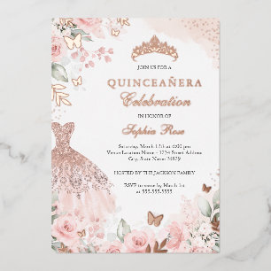 Rose Gold Blush Kleid Floral Quinceanera Folieneinladung