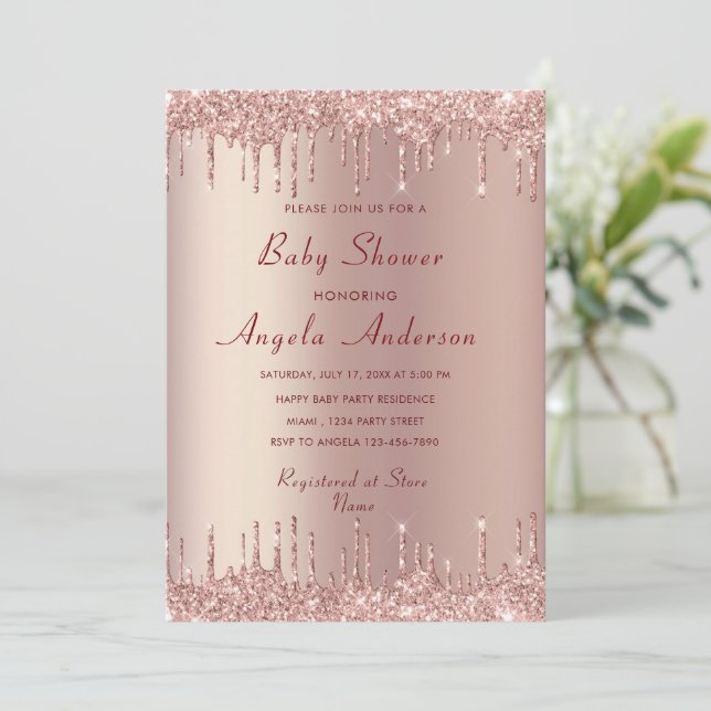 Rose Gold Blush Luxury Baby Girl Dusche Einladung (Stehend Vorderseite)