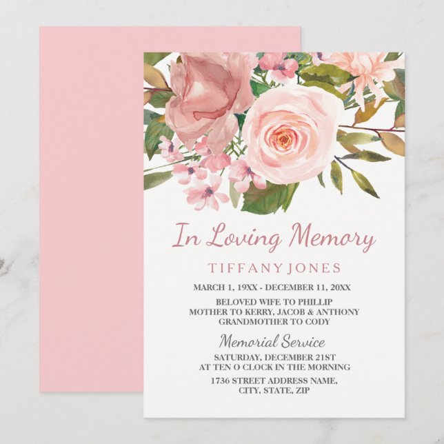 Rose Gold Blush Memorial Announcservice Einladung (Vorne/Hinten)